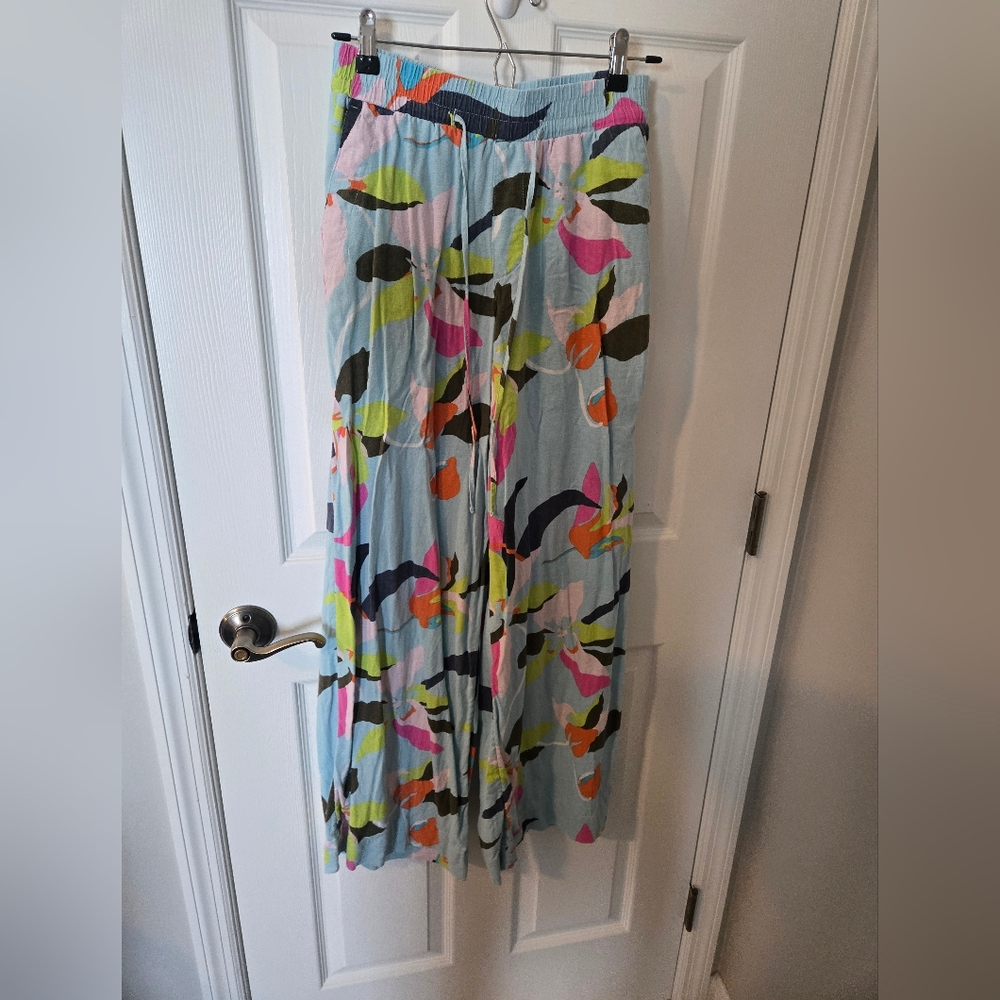 a new day Light Blue Floral Linen Blend Wide Leg Pantswith Multicolor Print
